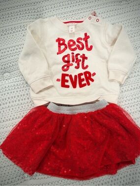 "Best Gift Ever" Cream Long Sleeve Top with Red Sequin Tutu Skirt